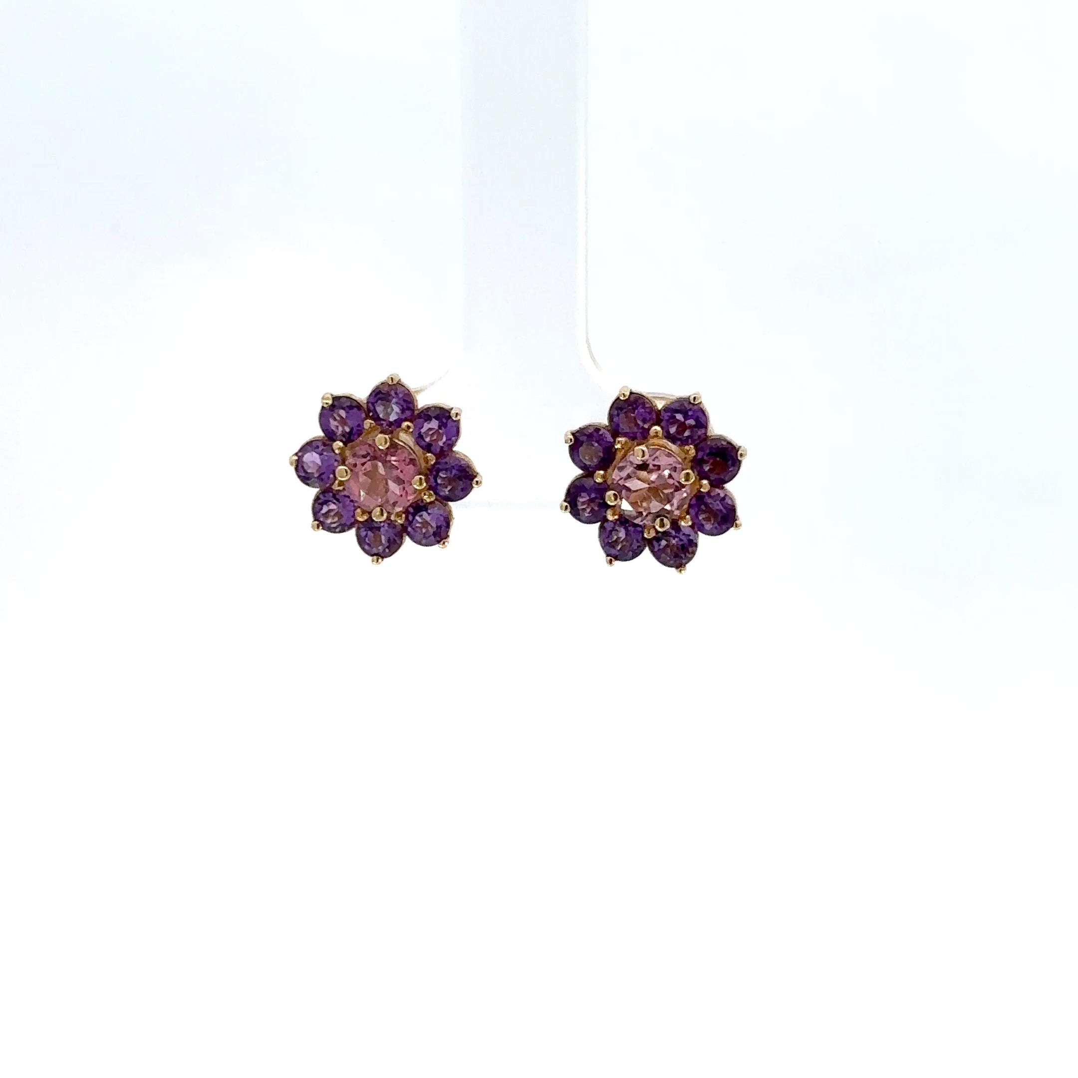 Aretes oro amarillo Turmalina rosa y amatistas