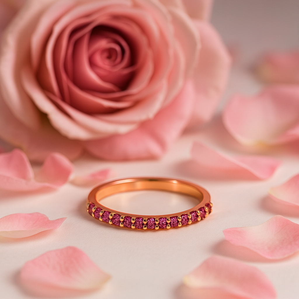 Anillo cintillo oro rosado zafiros rosa