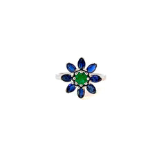 Anillo Flor Esmeralda y Zafiros azules - Oro blanco